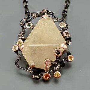 Necklace Natural Rutilated Quartz with Tourmaline and Topaz accents 925